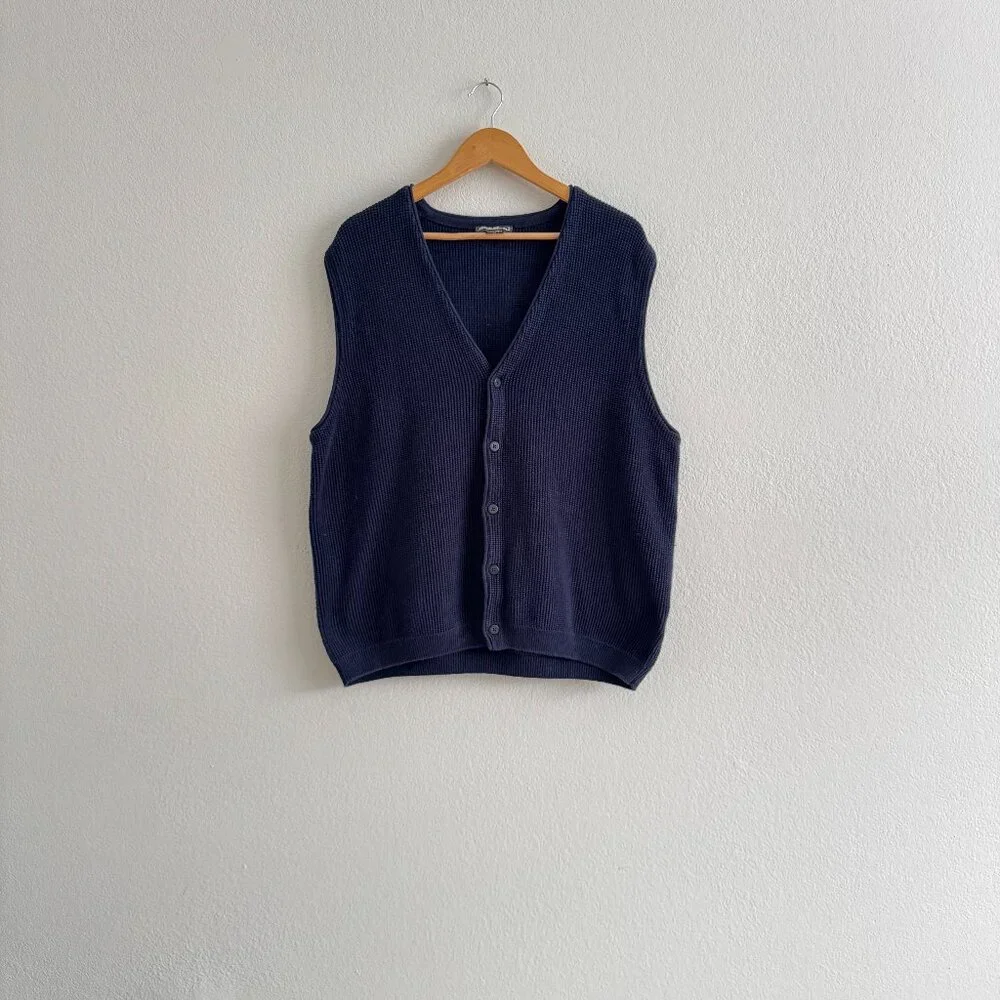 Vintage Eddie Bauer Navy Blue Textured Waffle Knit Sweater Vest - XL